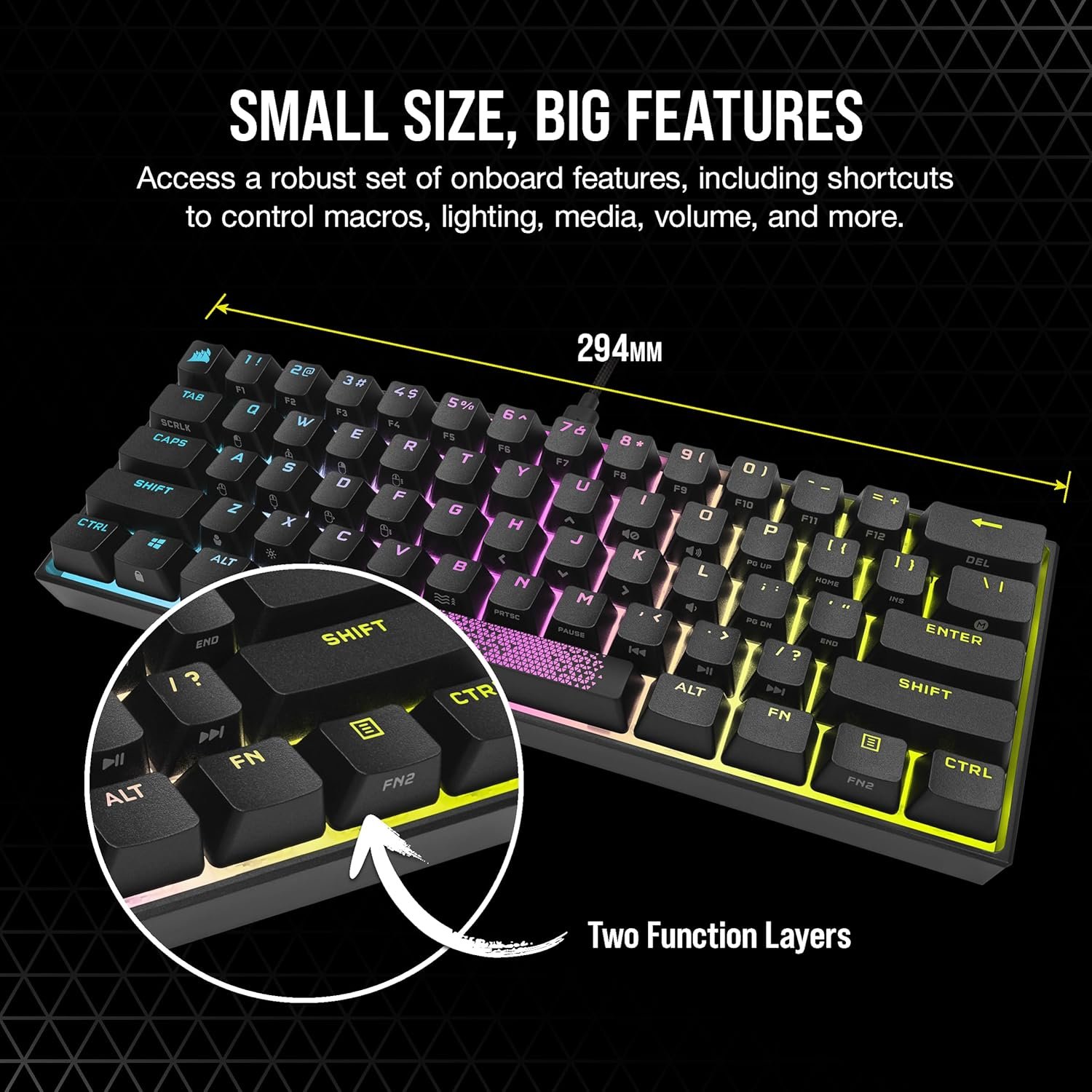Corsair K65 RGB Mini 60% (Without BOX) (Radiant Spacebar) Mechanical Gaming Keyboard - - Customizable Per-Key RGB Backlighting - Detachable USB Type-C Cable - Image 2
