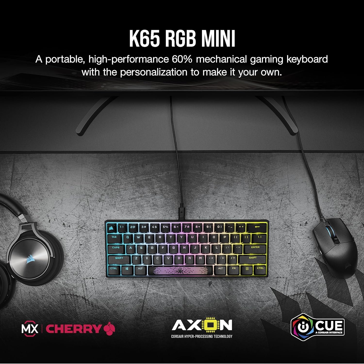 Corsair K65 RGB Mini 60% (Without BOX) (Radiant Spacebar) Mechanical Gaming Keyboard - - Customizable Per-Key RGB Backlighting - Detachable USB Type-C Cable - Image 3