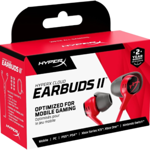 HyperX Cloud Earbuds II – 14mm Drivers, Four Eartips, Hard-Shell Carrying Case, Low-Profile 90° Plug, 3.5mm Plug, Built-in Microphone, Multi-Function Button, PC, Mobile, Nintendo Switch