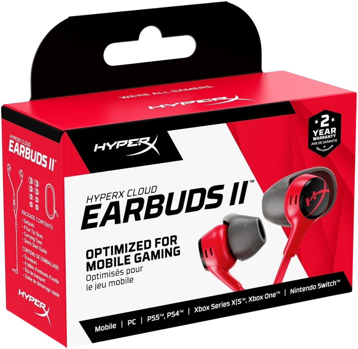 HyperX Cloud Earbuds II – 14mm Drivers, Four Eartips, Hard-Shell Carrying Case, Low-Profile 90° Plug, 3.5mm Plug, Built-in Microphone, Multi-Function Button, PC, Mobile, Nintendo Switch